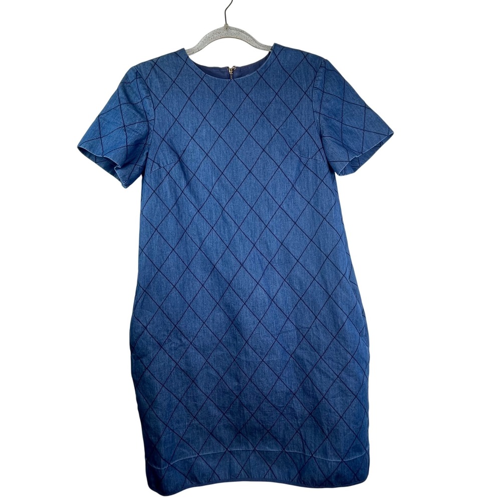 Kate Spade Denim Quilted Shift Dress Blue Gold Zipper Preppy Mod Coastal Size 2 - Picture 10 of 14